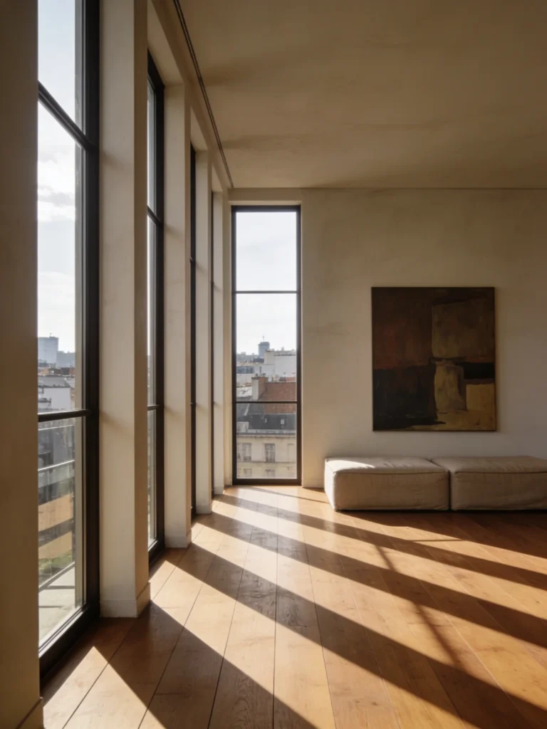 Appartement Rive — dernier étage traversé de lumière, hautes fenêtres