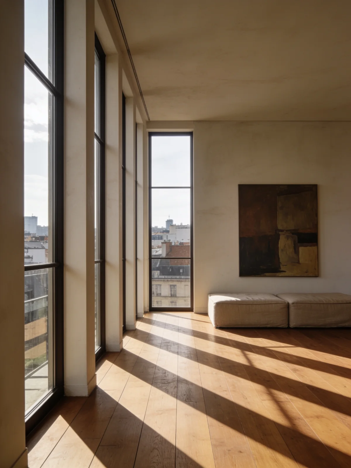Appartement Rive — dernier étage traversé de lumière, hautes fenêtres