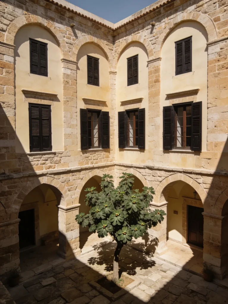 Maison de Pierre — cour intérieure en pierre restaurée, figuier